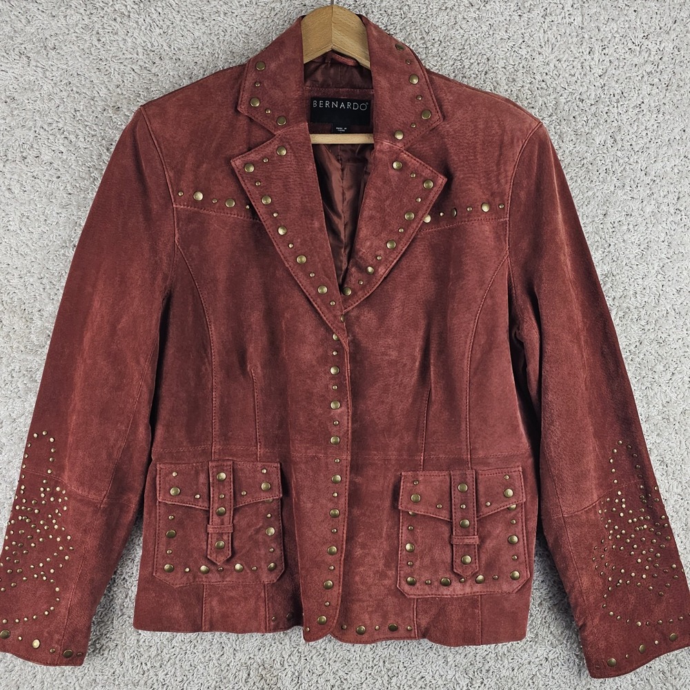 Vintage Bernardo Leather Suede Rust Red Studded Western Jacket Sz Large Festival